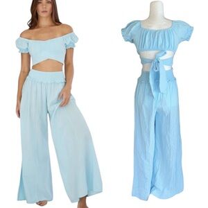 NWT Blanco by Nature Sky Blue Off Shoulder Crop Top Palazzo Pant 2 Piece Set - M